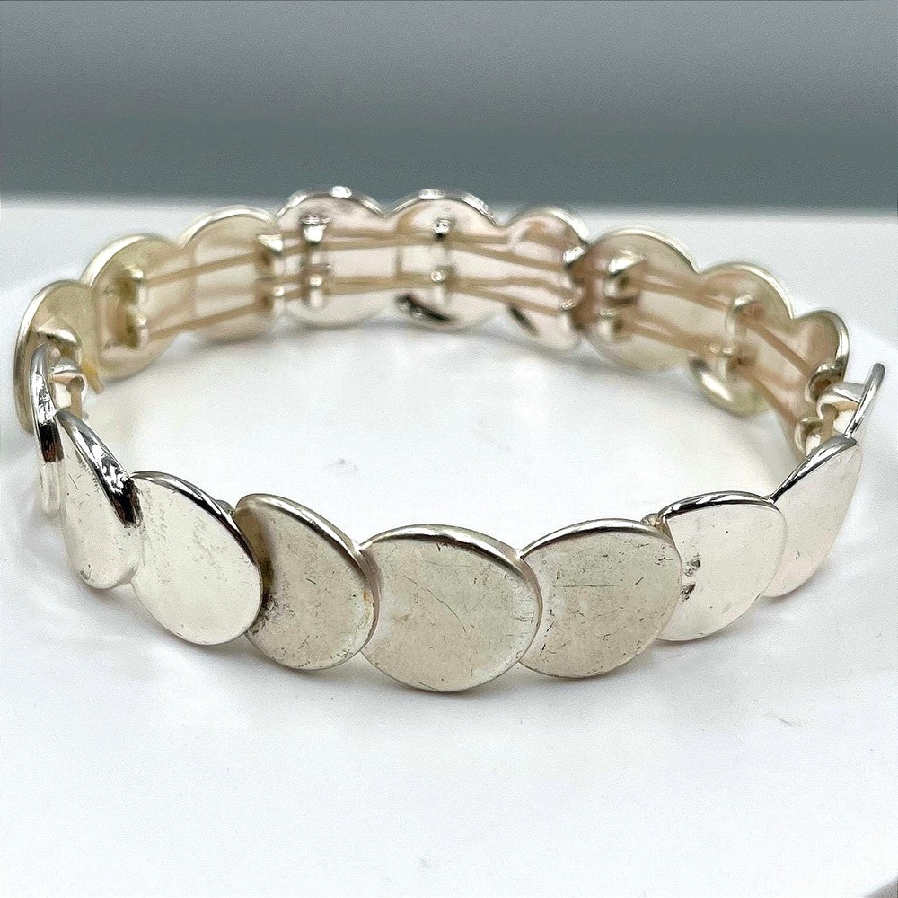 Vintage Silver Tone Disc Link Stretch‎ Bracelet Minimalist Modern Retro Jewelry